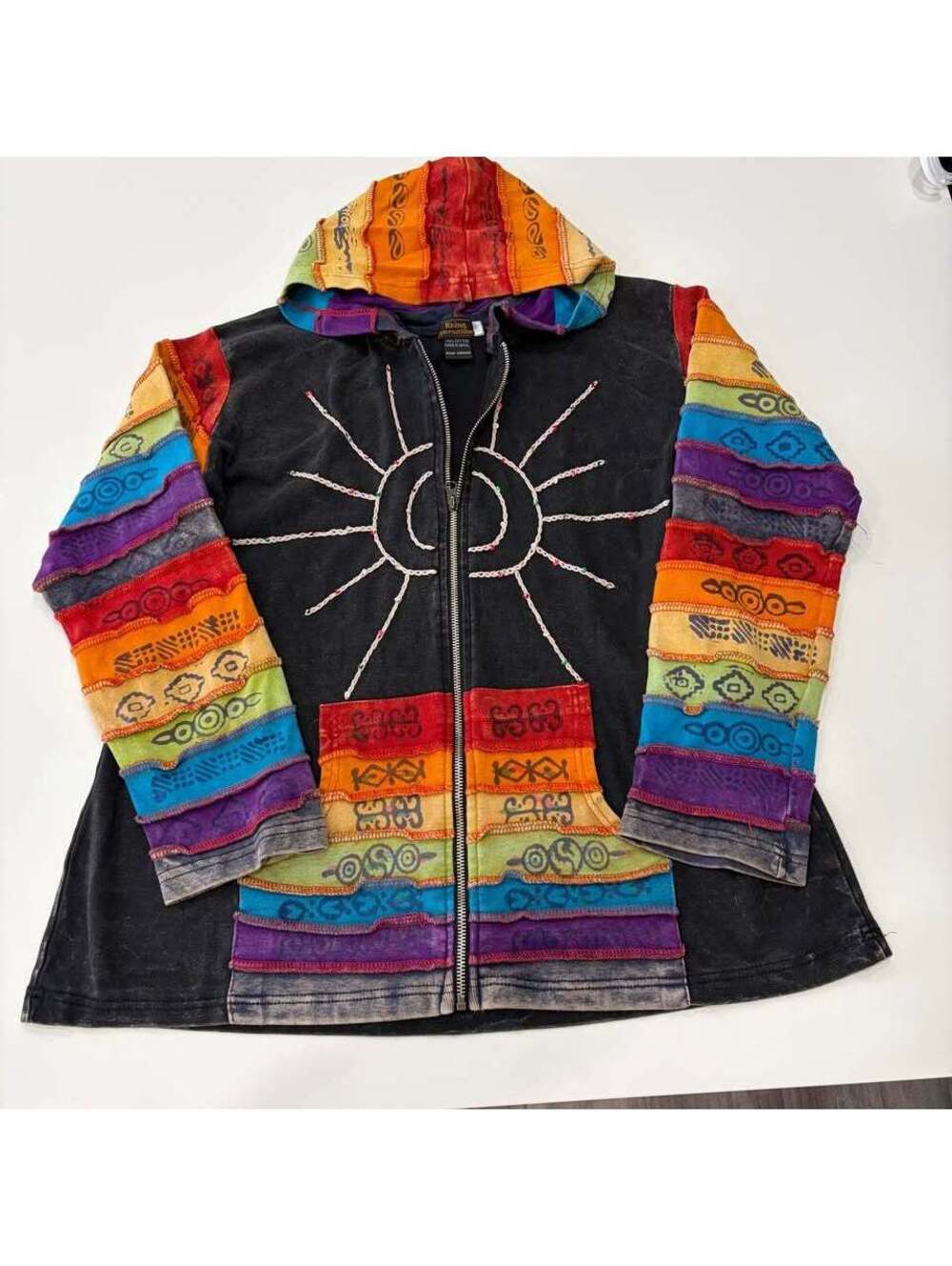 Womens 1XL Bohemian Style Rising International Patchwork Sun Hoodie